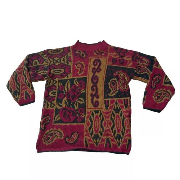 UNITED STATES SWEATERS Vintage Knit Womens M Red Paisley Patchwork Pullover USA - Picture 1 of 12